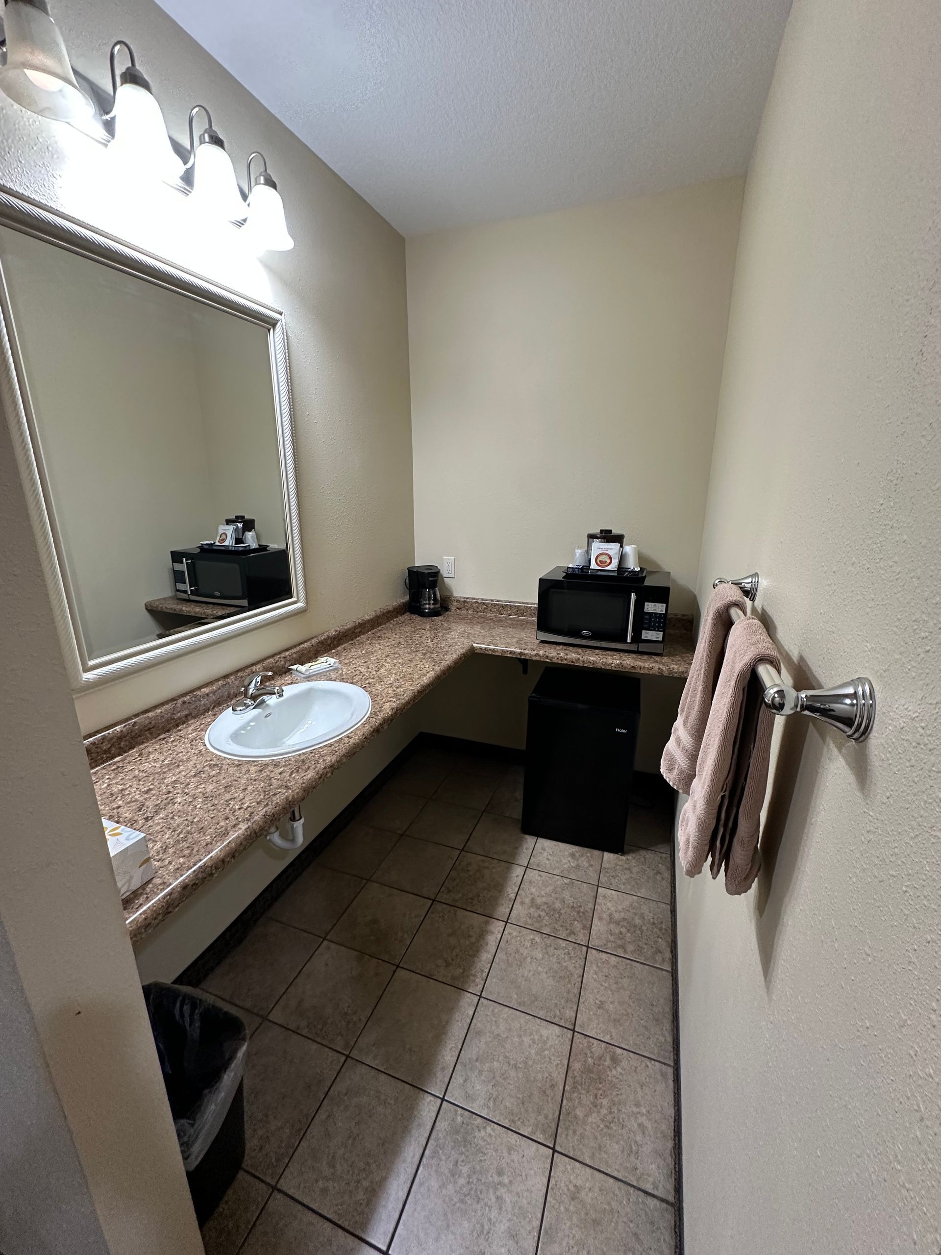 Bathroom with sink, mirror, countertop, microwave, mini fridge, and towel rack.