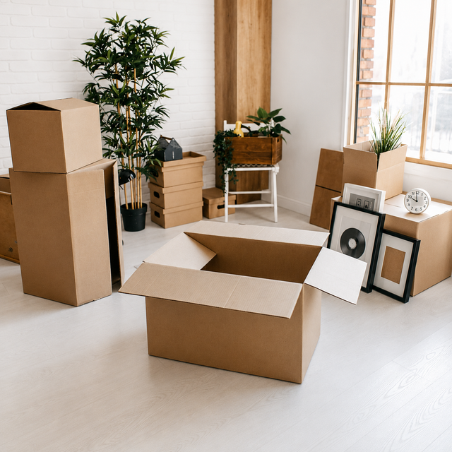Moving boxes and framed decor in a bright room, suggesting a home move or unpacking