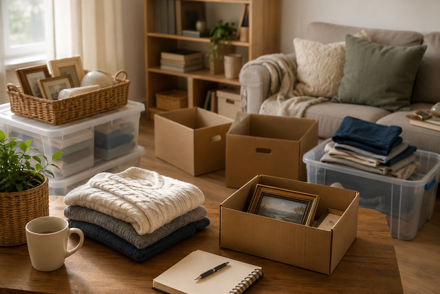 Living room with moving boxes, folded clothes, and packed household items on a table and floor