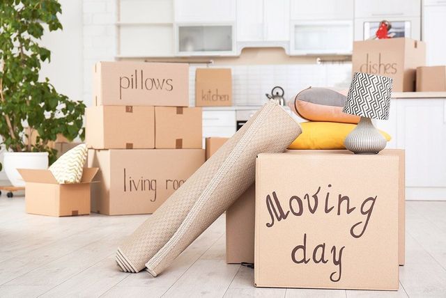 Packed moving boxes and rolled rugs in a bright room labeled “moving day”