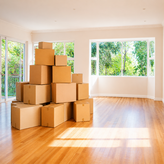 Stacked cardboard moving boxes in a bright, empty room with large windows and wooden floors