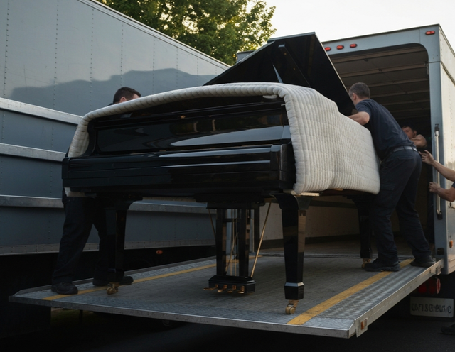 Grand piano wrapped in white padding being unloaded from a truck by two workers