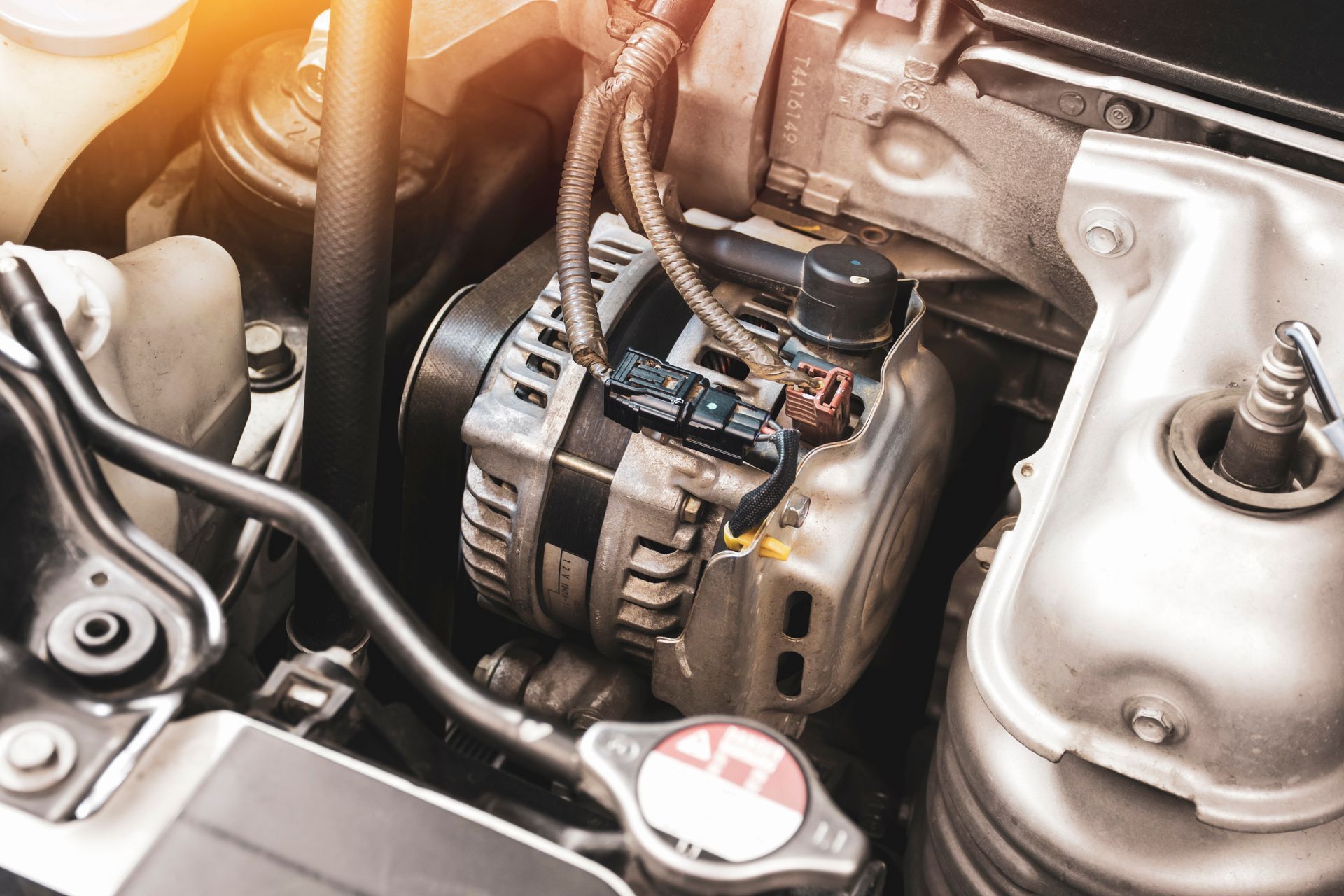 A man is working on the engine of a car in a garage.