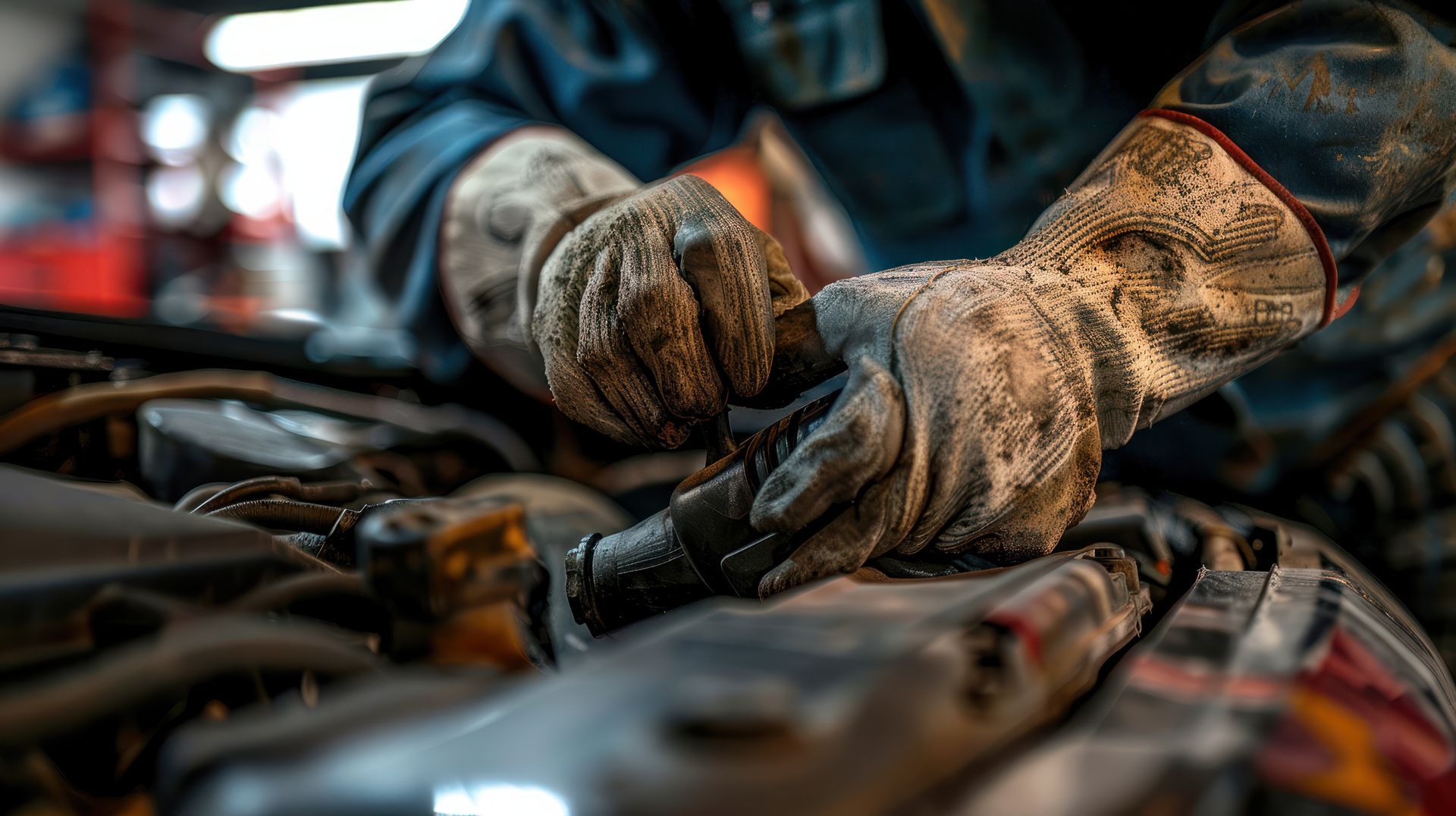 A man is working on the engine of a car in a garage.