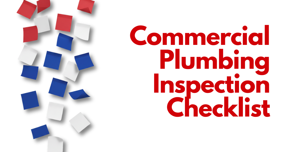 Commercial Plumbing Inspection Checklist title with red, blue, and white square tile graphic