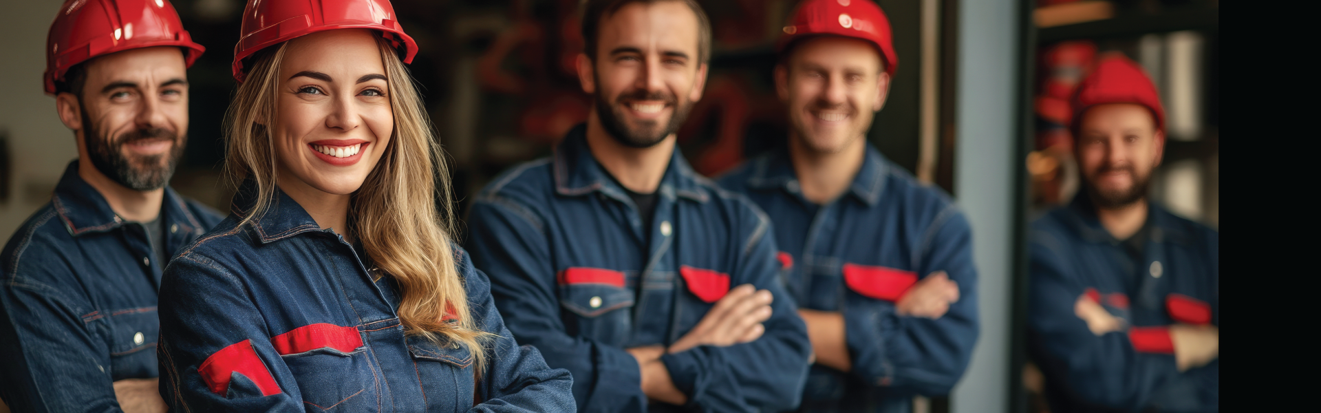 A group of construction workers wearing hard hats and overalls are posing for a picture.