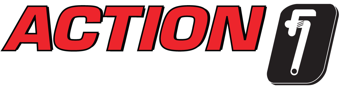 A red and black logo for action 1 on a white background.