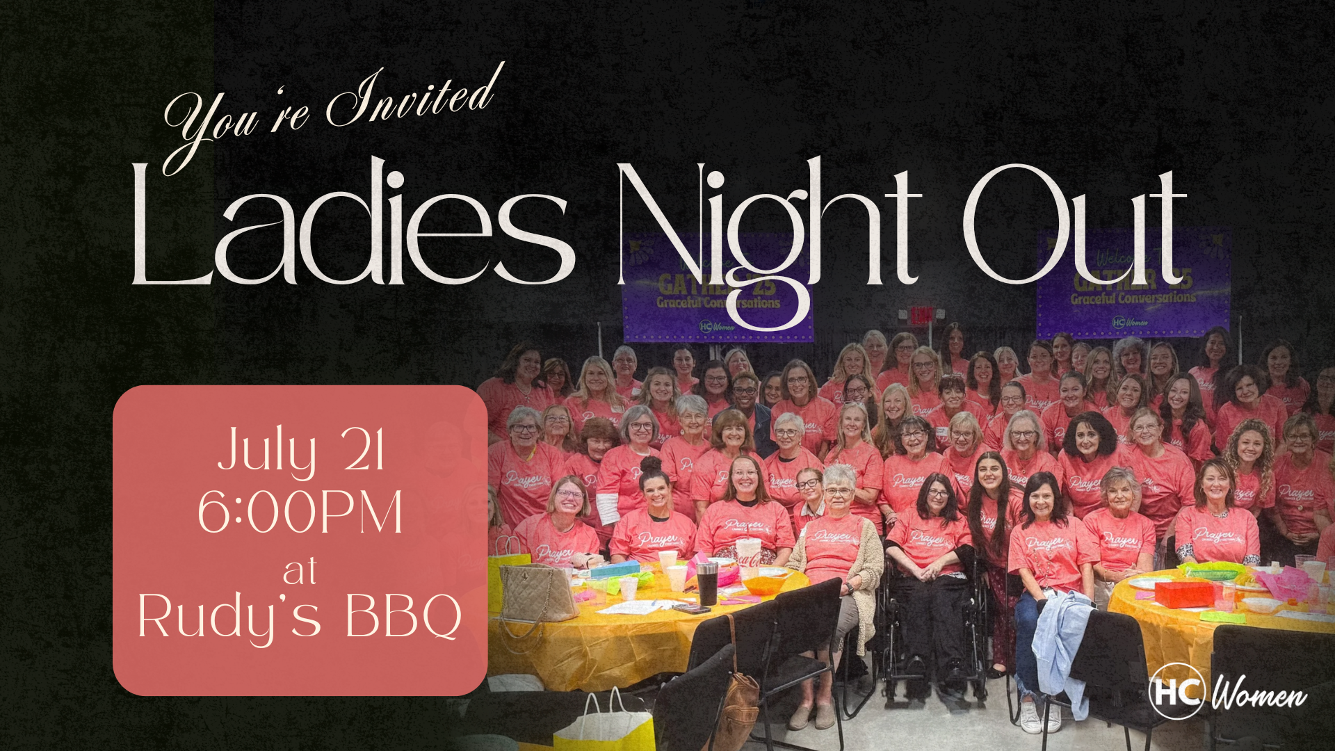 Ladies Night Out event poster with a pink crowd photo and date/time details on a dark background