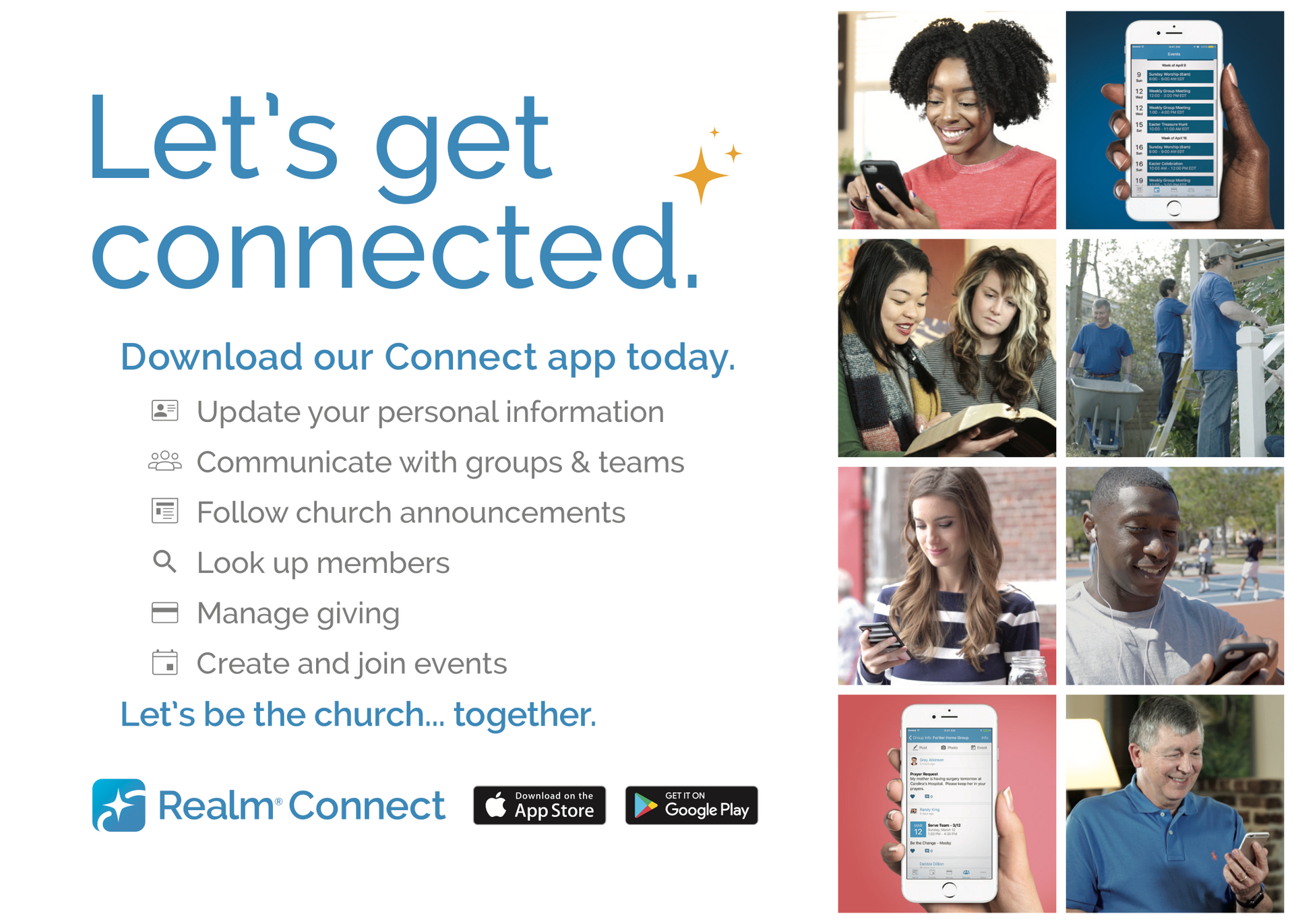 Blue church app ad: “Let’s get connected” with phone screenshots and photos of people in community activities