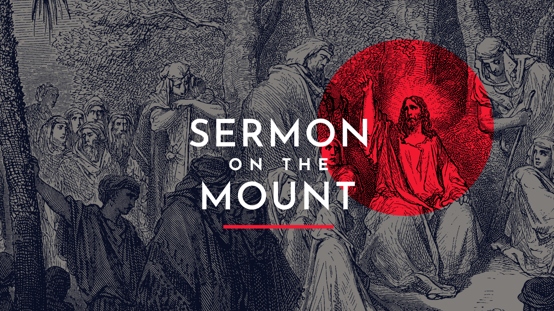 “Sermon on the Mount” text over a dark crowd scene with a red sun or moon and mountain silhouette