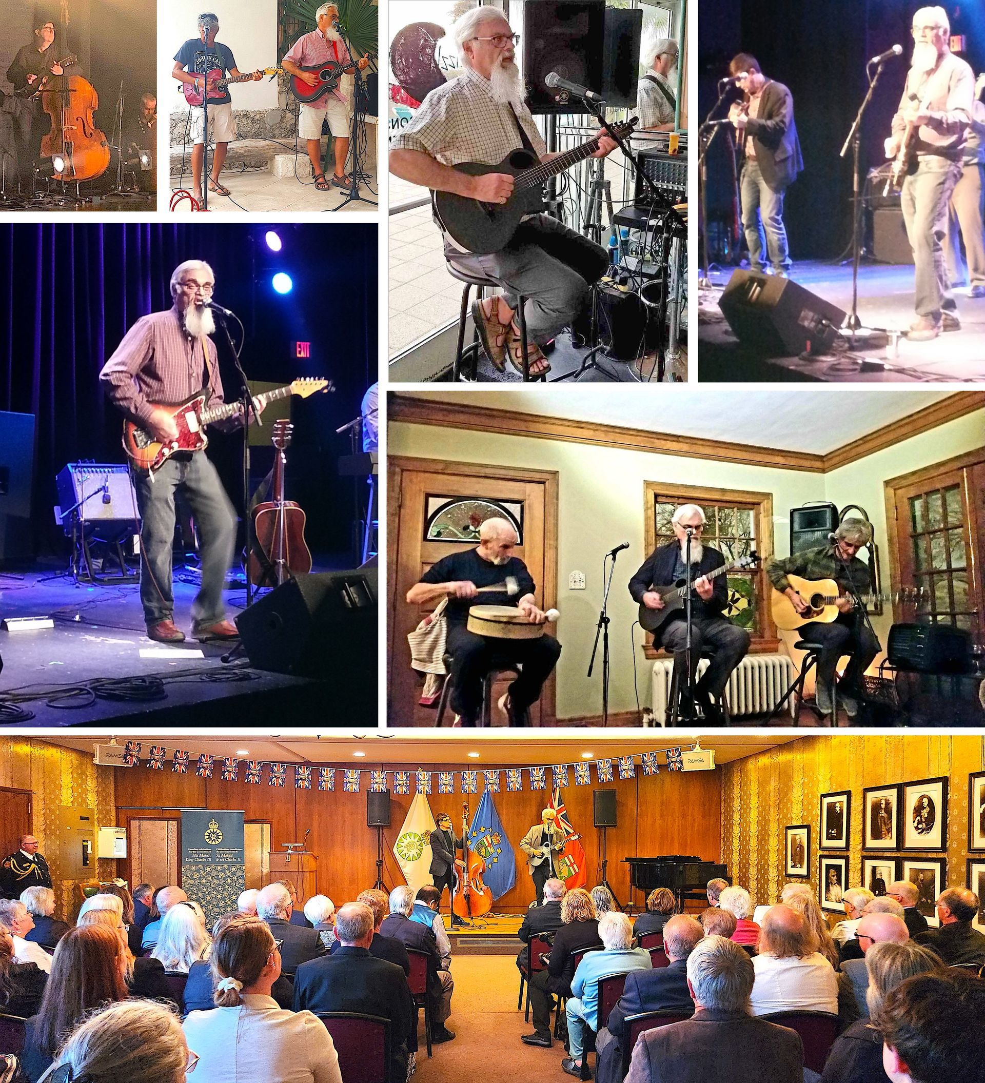A collage of different photos highlighting seven of Bird River Band's past music gigs, tours and collaborations.