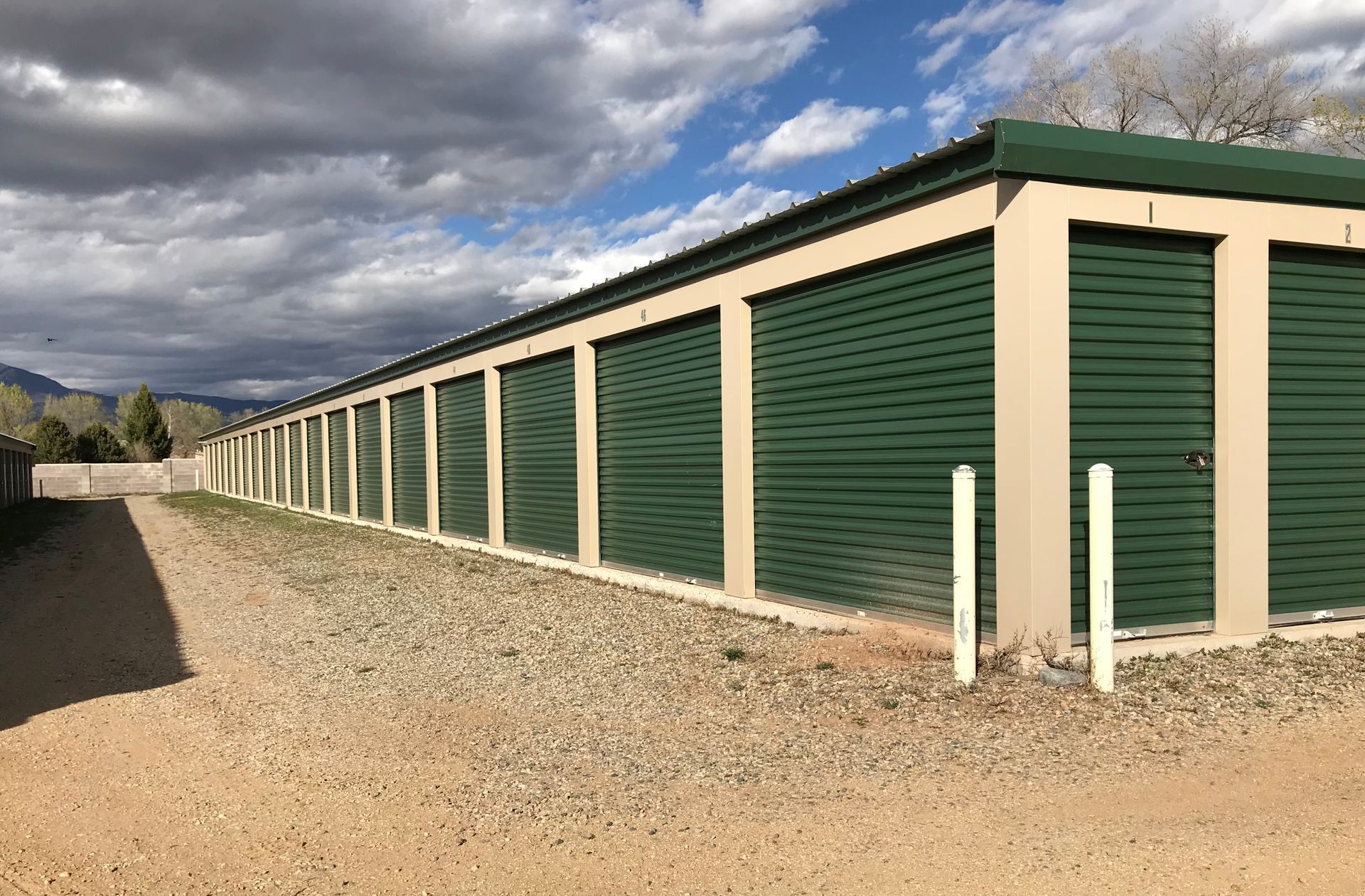 Two long rows of Best Price Storage units in Ranchos de Taos.