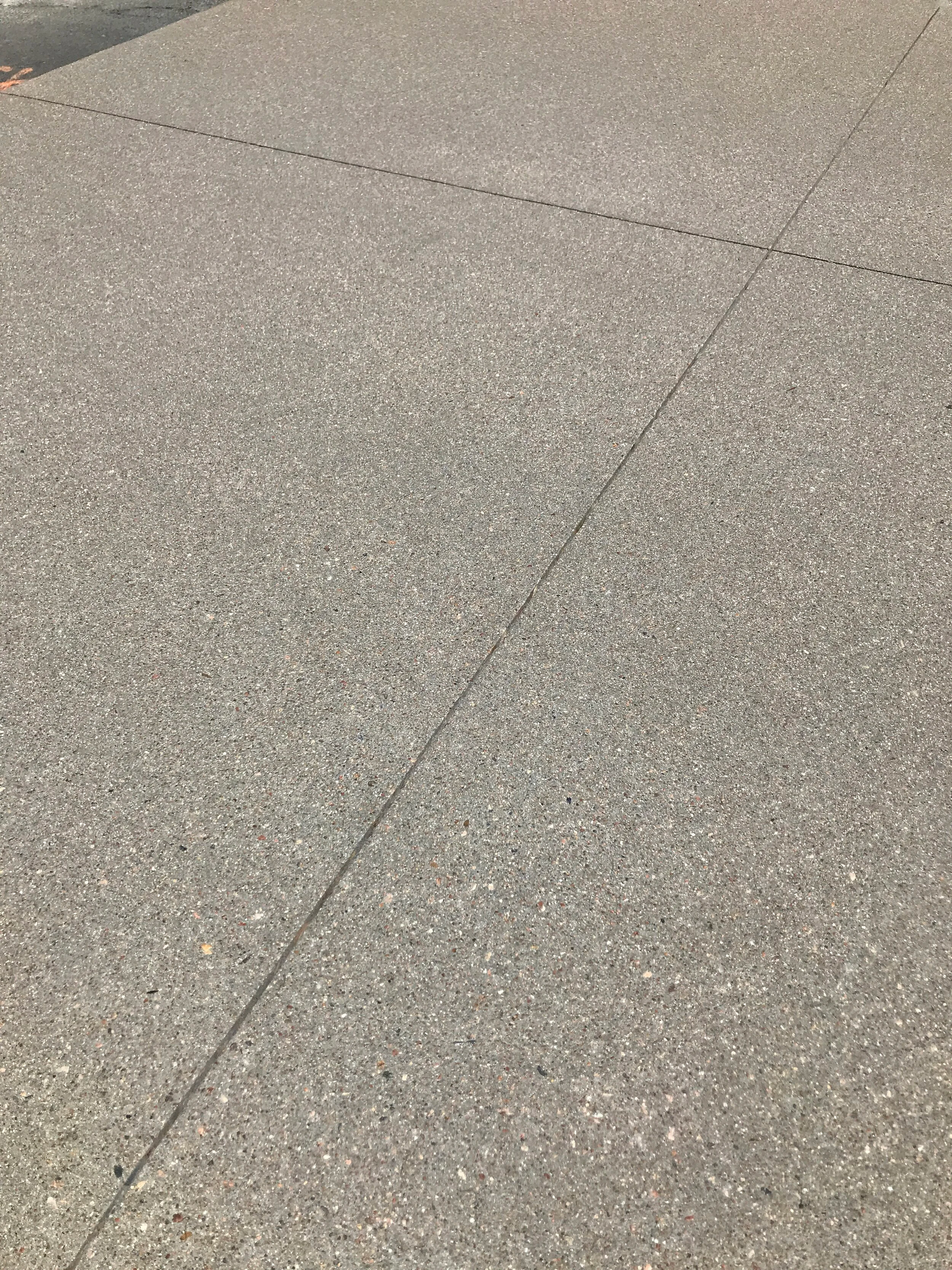 Gray concrete pavement with thin expansion joints.