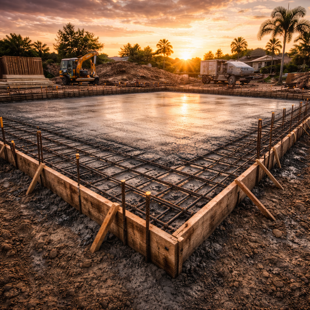 Construction site with concrete foundation and rebar framework during sunset.