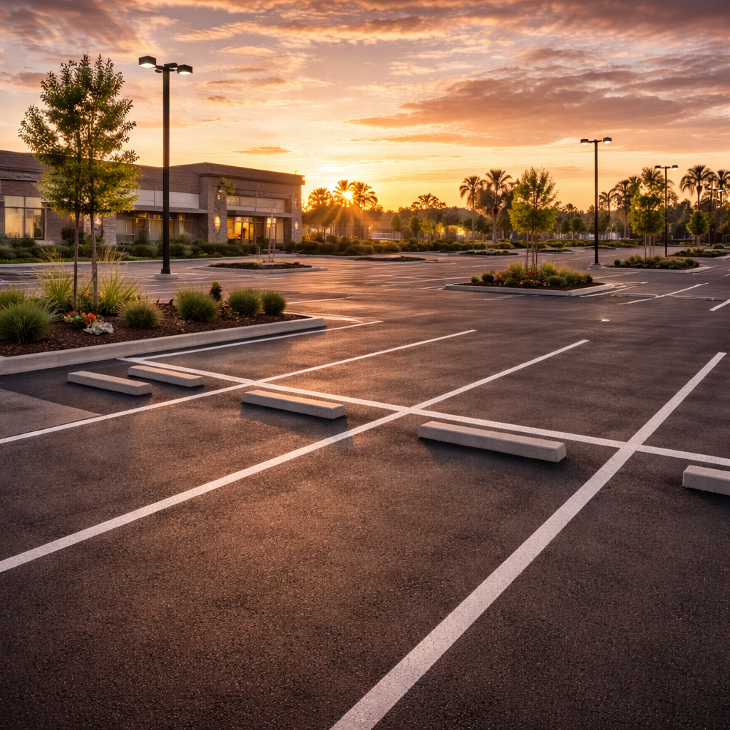 Empty parking lot in front of a building at sunset with streetlights and landscaped medians.