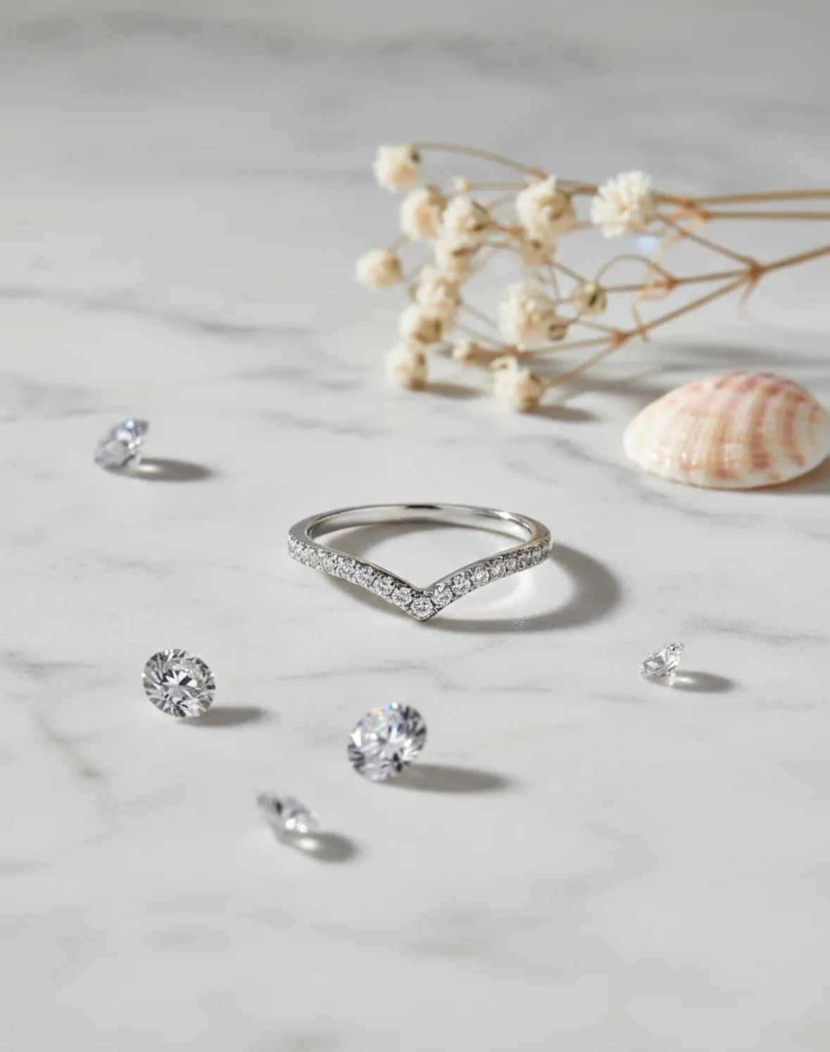 Anillo de plata con diamantes en forma de V sobre fondo gris claro.