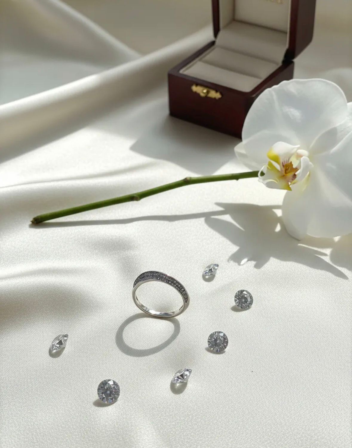 Anillo de plata con una banda de piedra oscura y texturizada, expuesto sobre un soporte blanco.