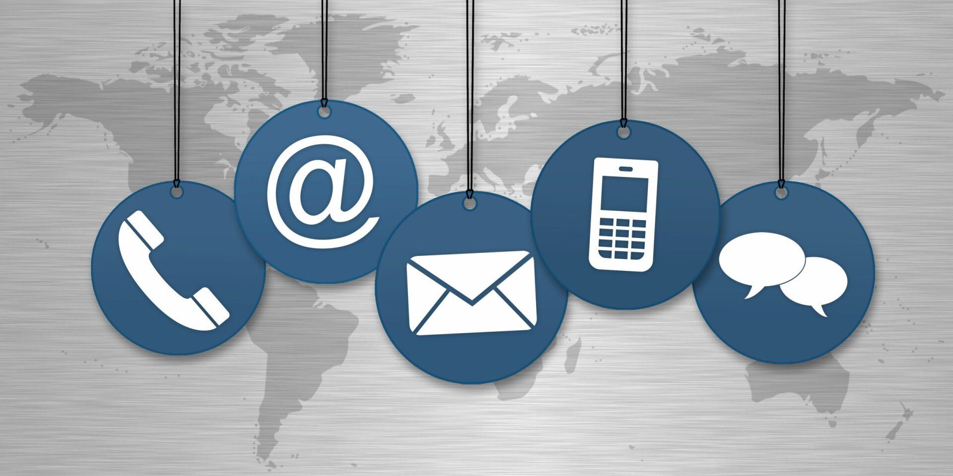 A bunch of contact icons are hanging from a string.