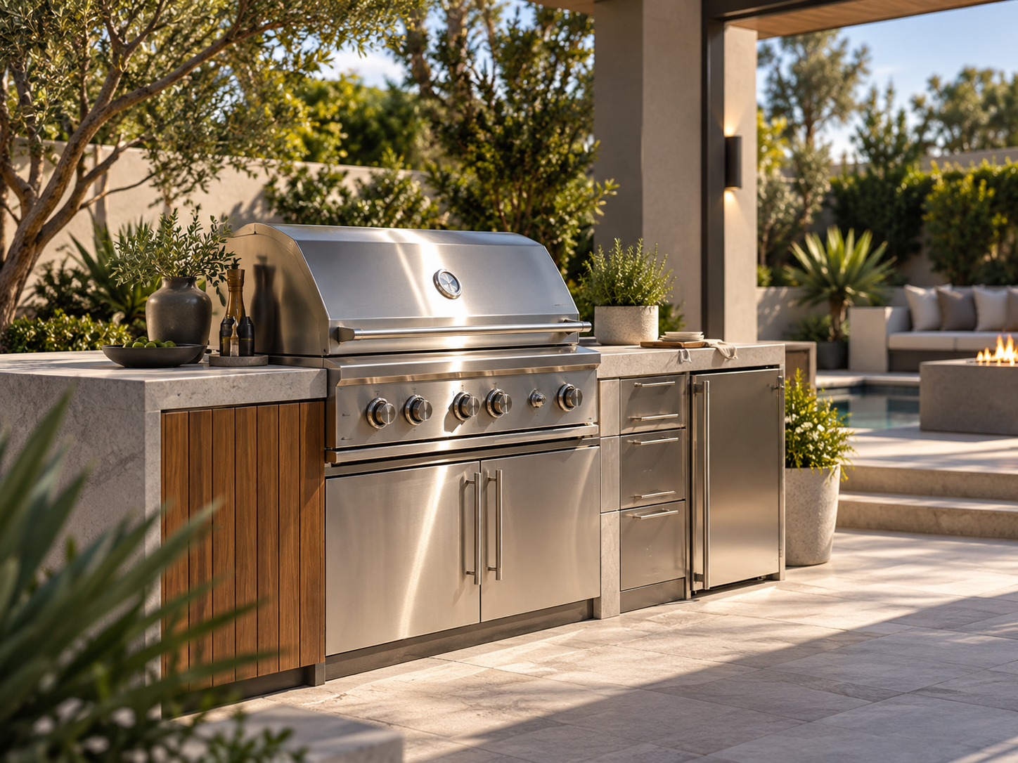 Outdoor stainless steel grill and built-in counter on a patio with potted plants and trees in the background