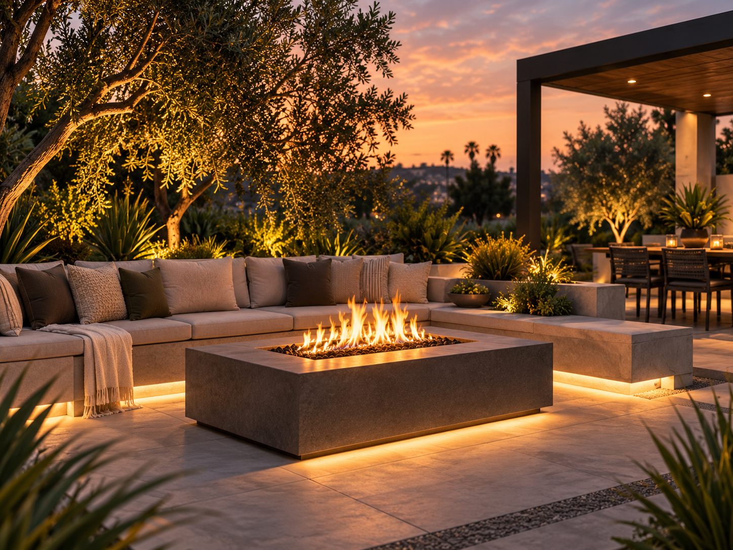 Modern patio with outdoor fire pit, cushioned seating, warm lighting, and sunset view through lush plants