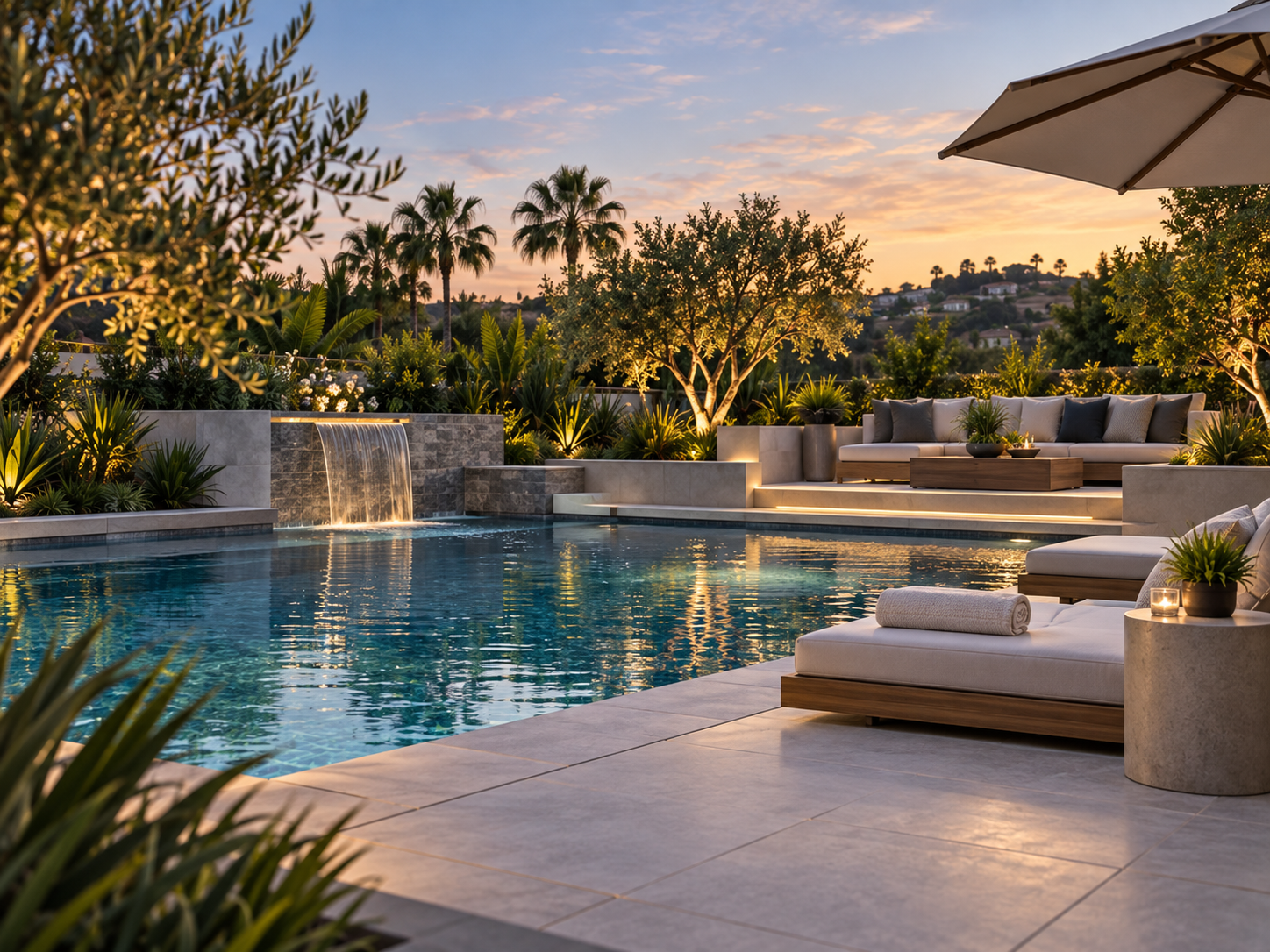 Luxury backyard pool at sunset with palm trees, lounge chairs, and warm garden lighting