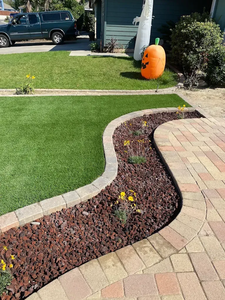 Curved garden bed with brown mulch and yellow flowers beside a brick walkway and green lawn