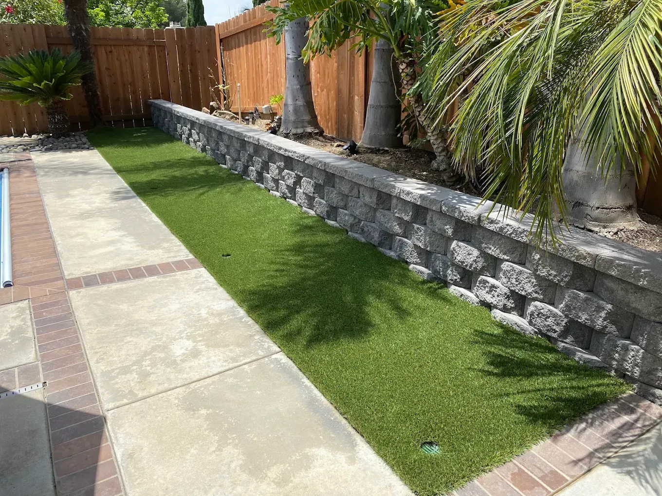 Backyard walkway beside artificial turf, stone retaining wall, and palm trees under bright sun