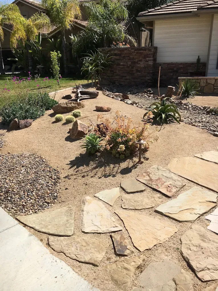Front yard desert garden with stone path, gravel, succulents, and a house exterior