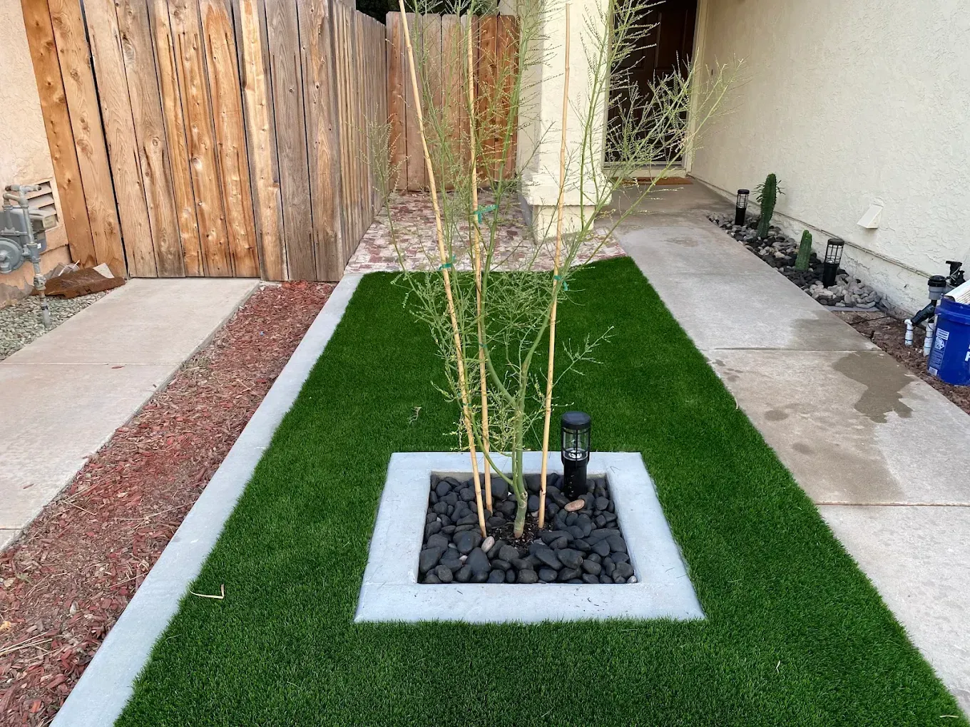 Backyard with new artificial turf, white stone border, and a young tree in a square planter