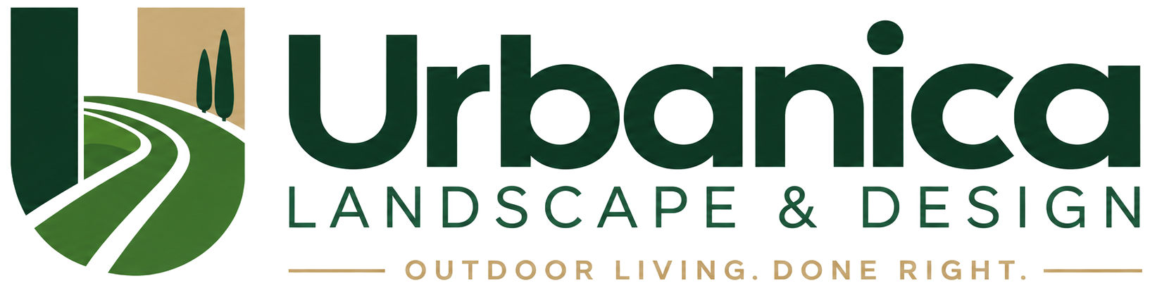 Urbanica Landscape & Design logo with green leaf and road icon on white background