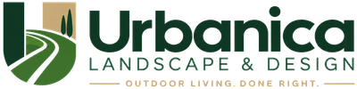 Urbanica Landscape & Design logo with green leaf and road icon on white background