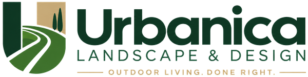 Urbanica Landscape & Design logo with green road and trees on white background