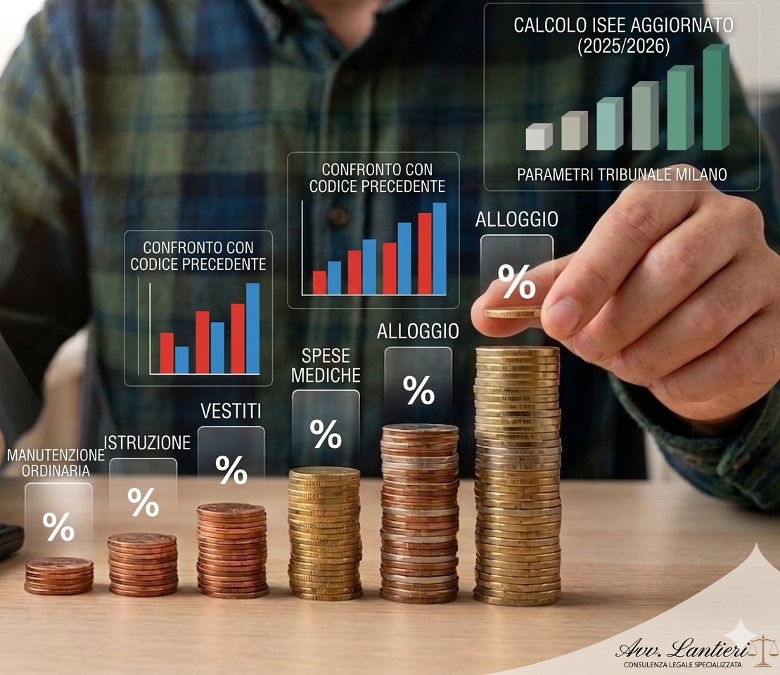 Grafico crescita spese figli e pile di monete per calcolo revisione mantenimento