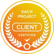 A yellow-to-orange gradient circular badge featuring white laurel leaves, the words 