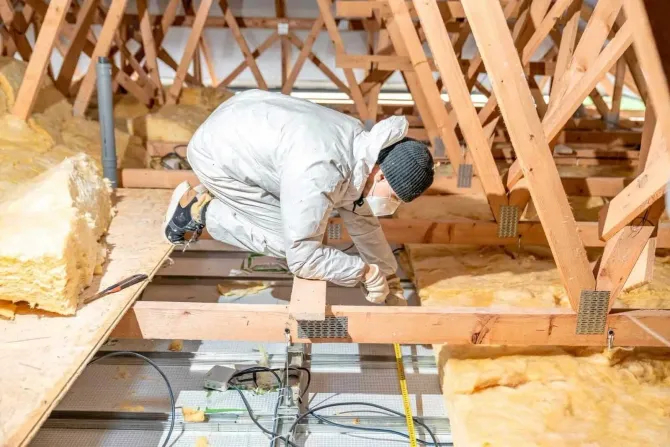 A man is working on a wooden structure in an attic.