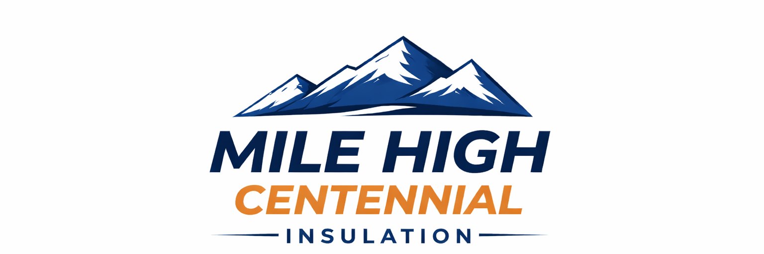 Logo for Mile High Centennial Insulation featuring a blue mountain graphic above the company name in blue and tan text.