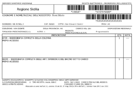 Documento Regione Sicilia scansionato con campi di testo e codice a barre in alto, in un layout a tabella