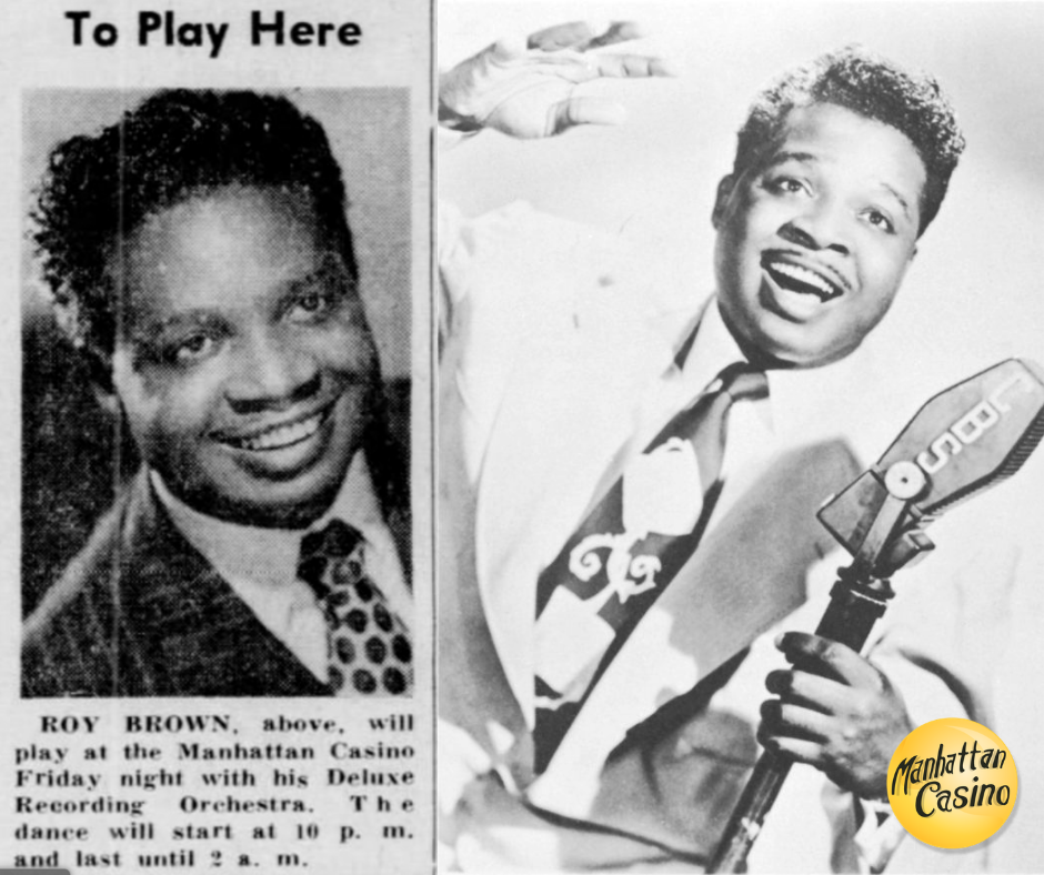 A black and white photo of roy brown holding a microphone