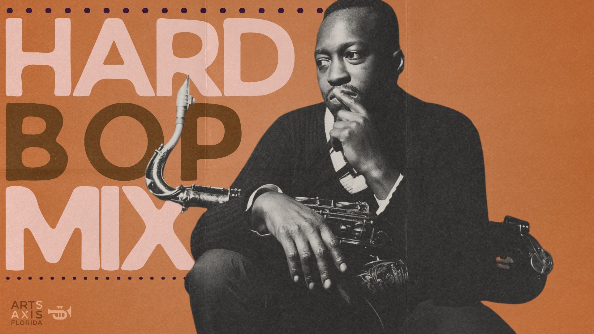 Man with a saxophone, orange backdrop.