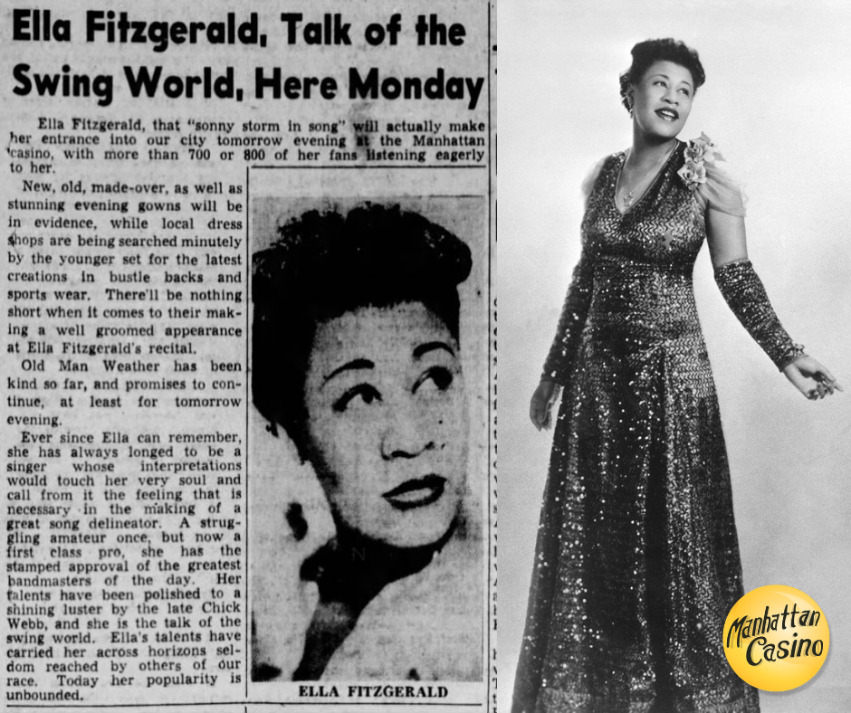 A newspaper article about ella fitzgerald talks of the swing world here monday