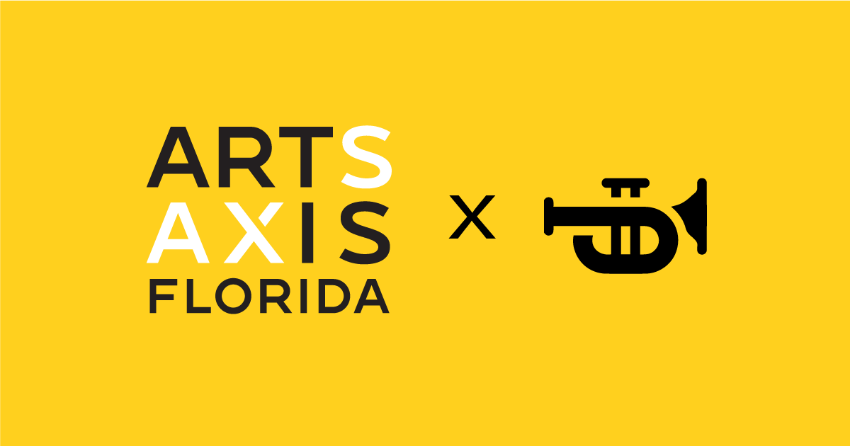 A logo for arts axis florida with a trumpet on a yellow background.