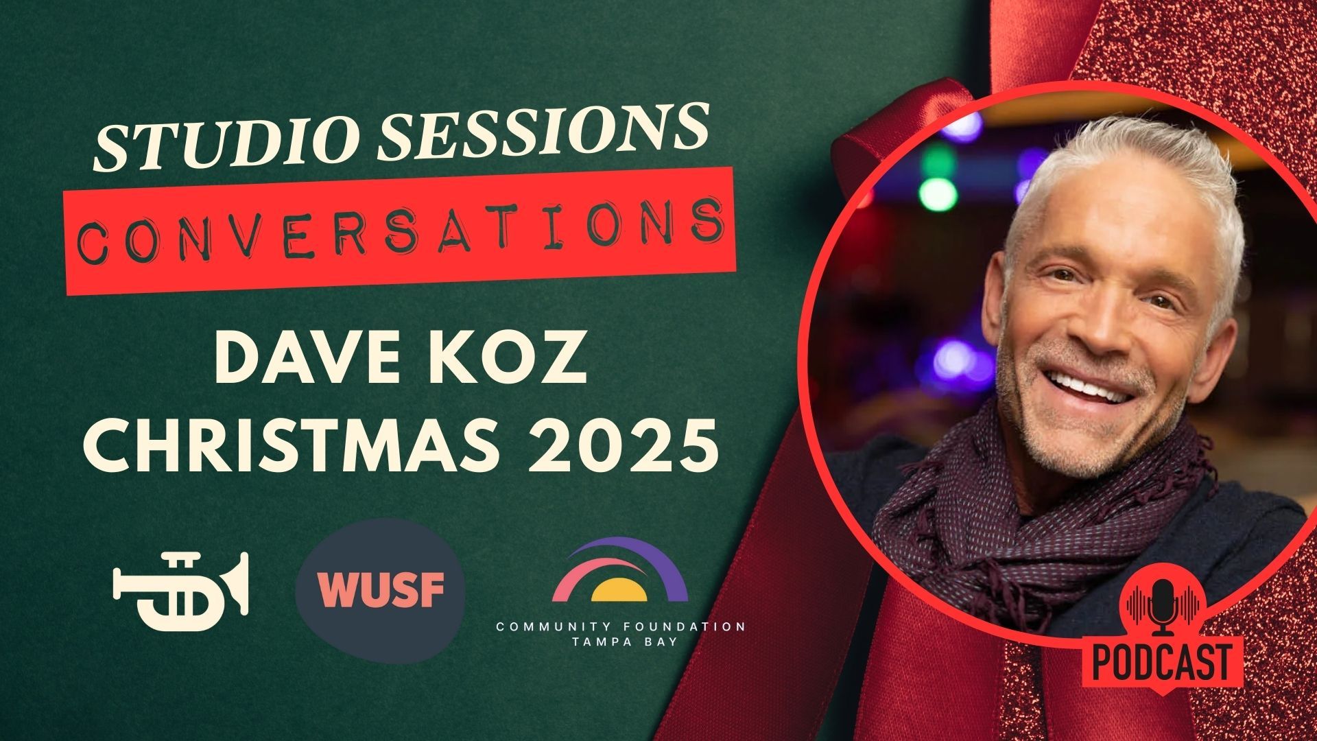 Podcast ad featuring Dave Koz, smiling, and text for a