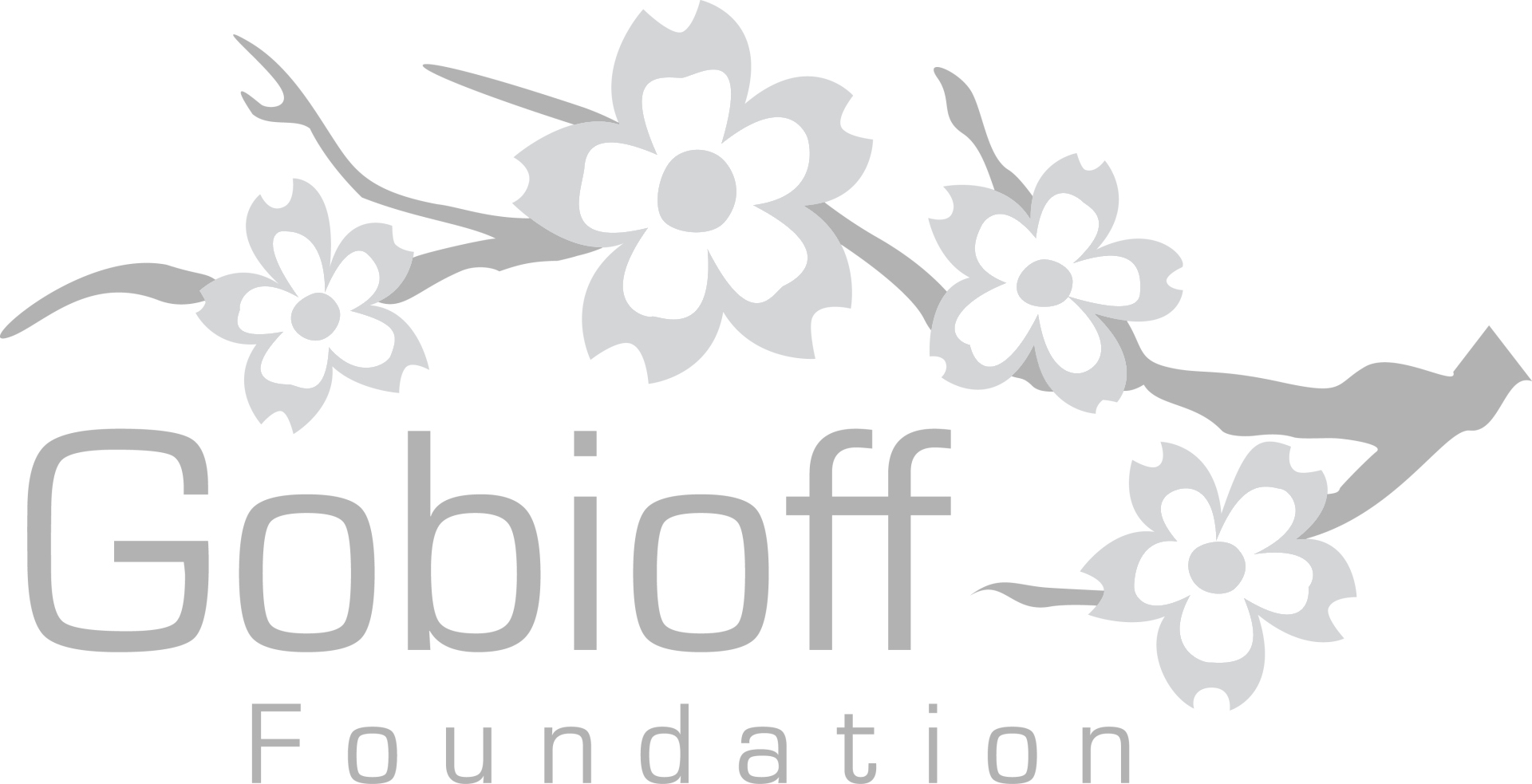 A black and white logo for gobioff foundation with flowers on a tree branch.