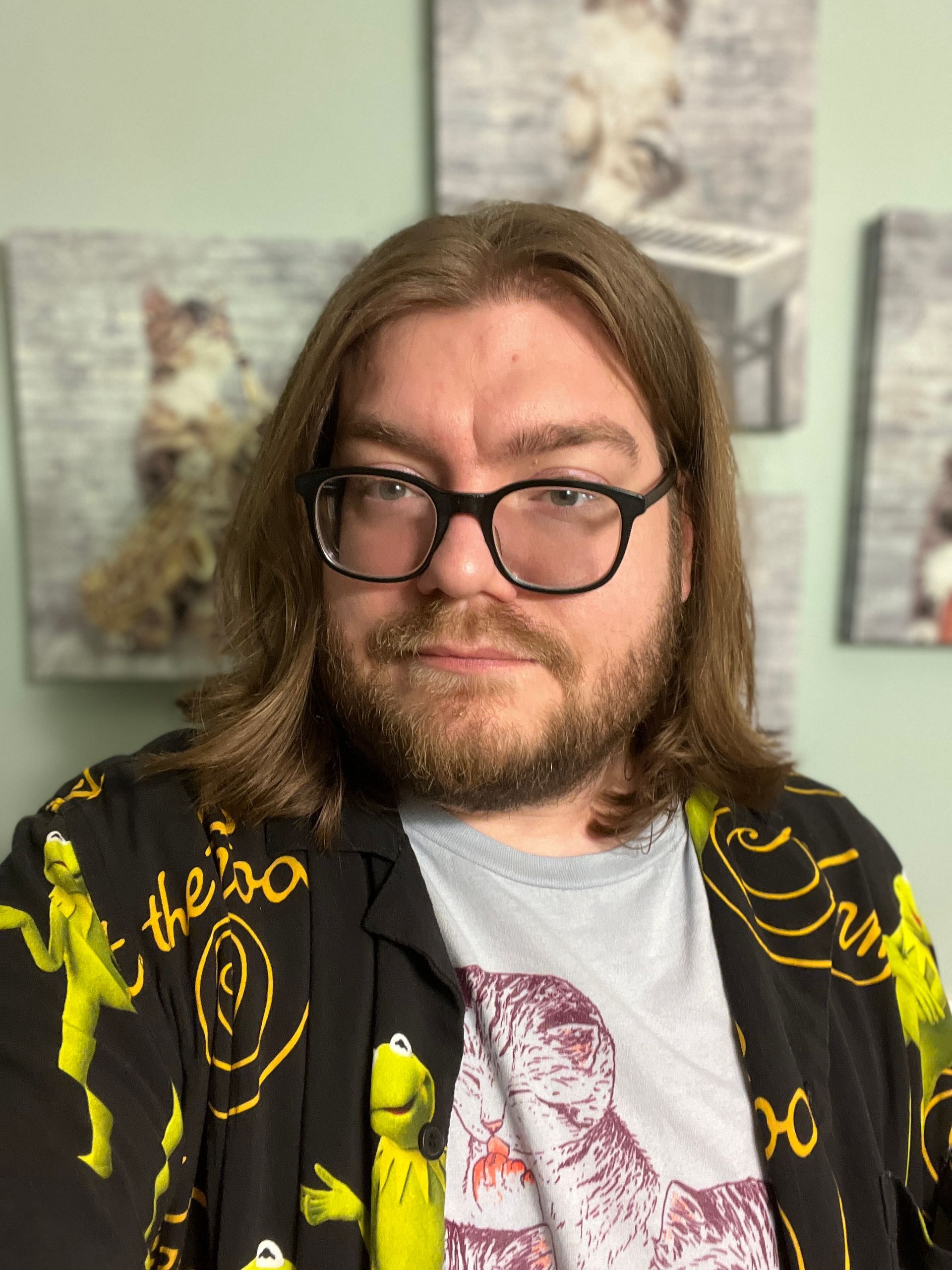 A man with long hair and a beard is wearing glasses and a muppet shirt.