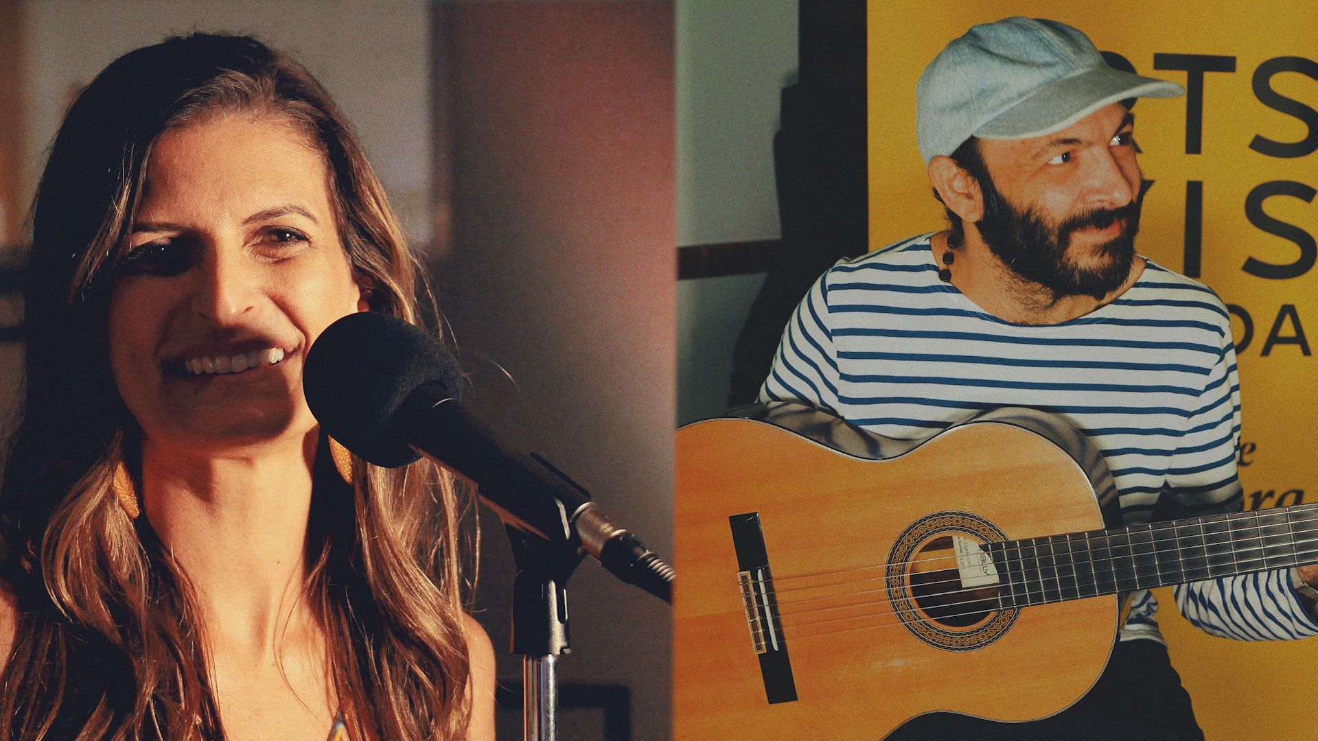 A woman singing into a microphone next to a man playing a guitar