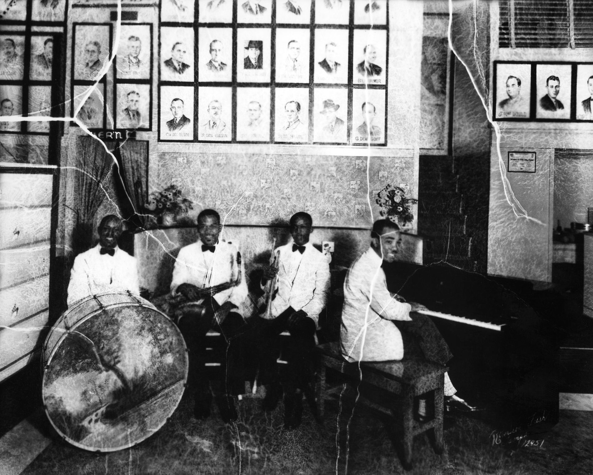 A black and white photo of a band playing instruments