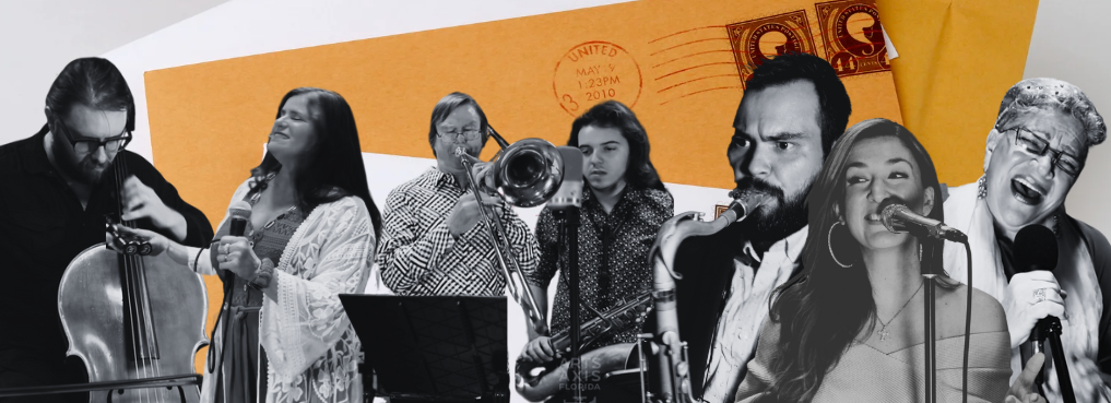 A black and white photo of a group of people playing instruments.
