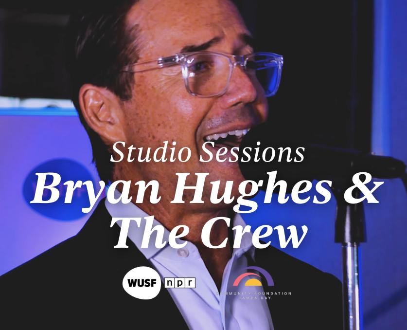 Bryan Hughes & The Crew, performing in a studio. Man sings into a mic. Text: