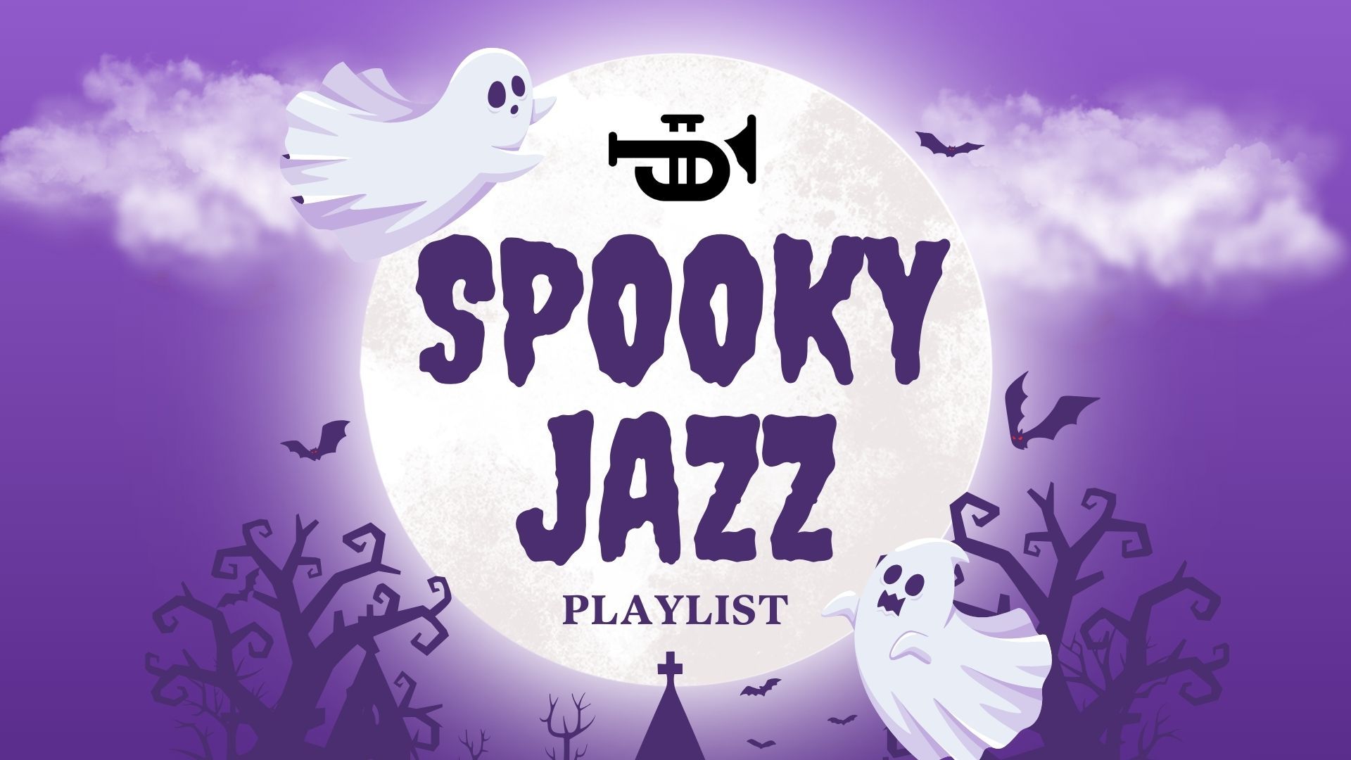 A spooky jazz playlist with ghosts and bats on a purple background.
