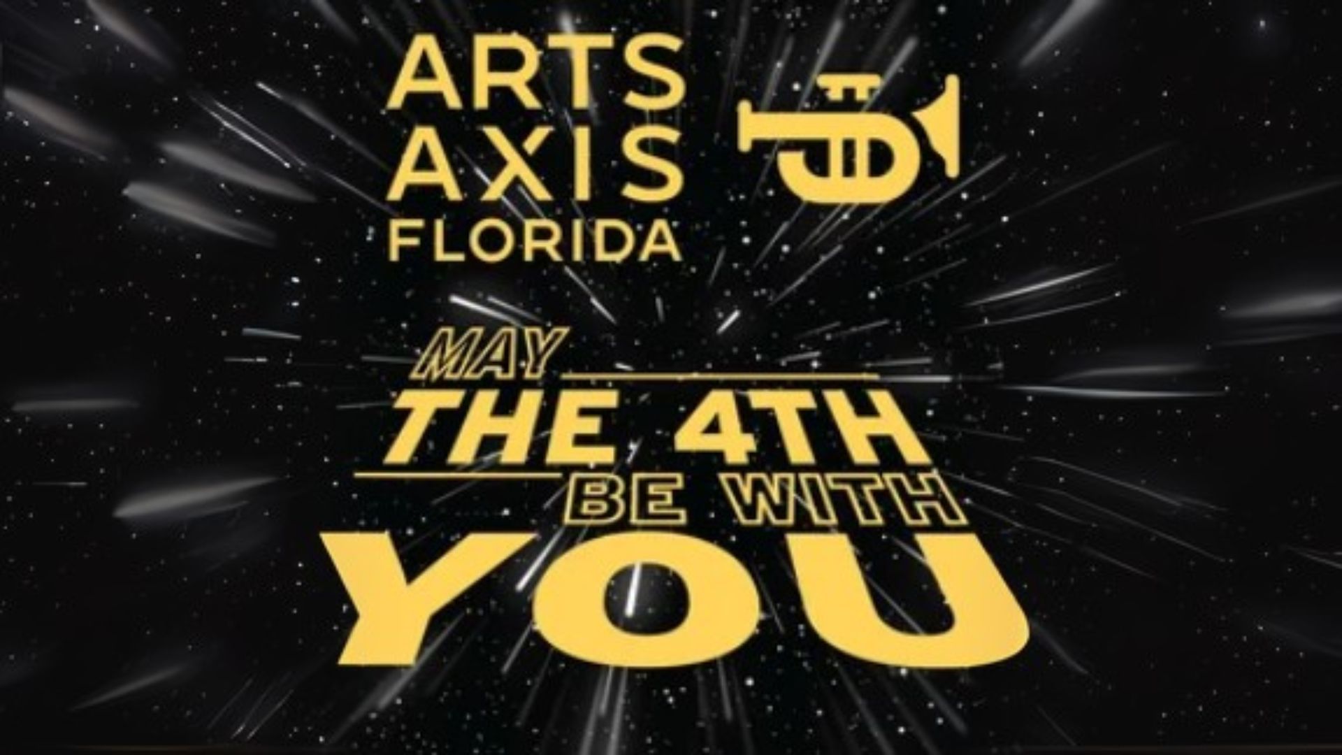 Logo for Arts Axis Florida: yellow trumpet, 